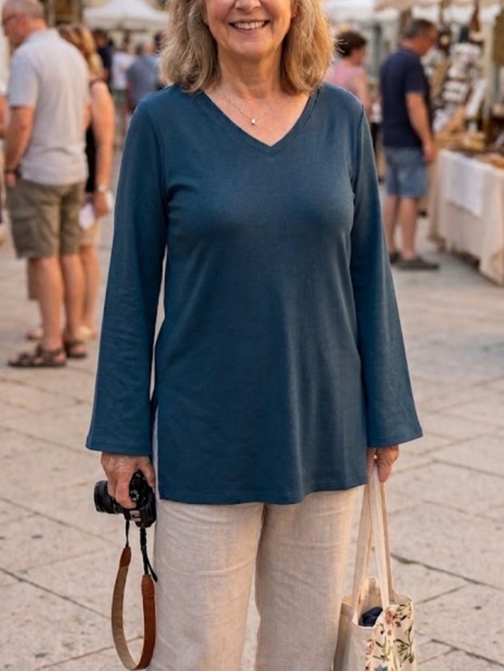 Eileen Fisher Stretchy Teal V-Neck Pullover Long Sleeve Tunic Top Size Large